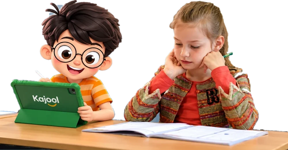 Niño y niña estudiando matemáticas con tableta